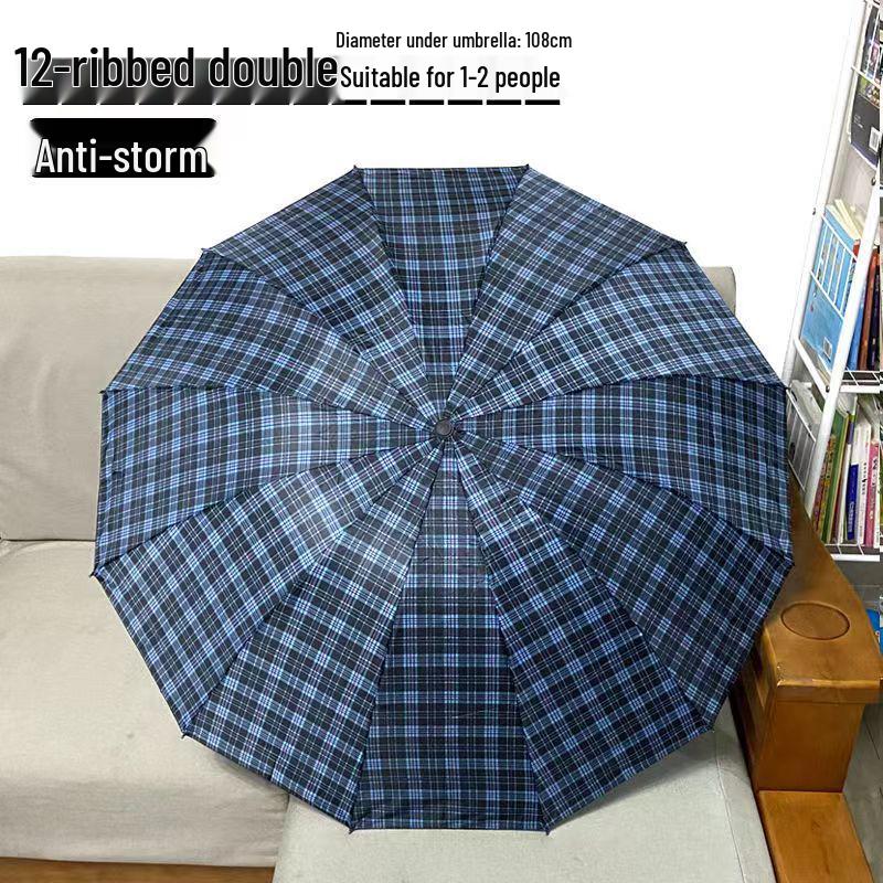 Extra Large Ten-Bone Water-Repellent Plaid Umbrella - British Style for Men & Women, Double/Triple Use
