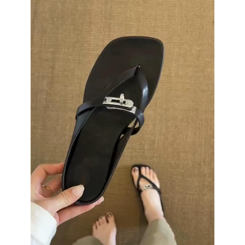 Cowhide Version~ Korean Versatile Lock Square Toe Flip-flop Shoes for Women To Wear In Summer Heightening Sandals