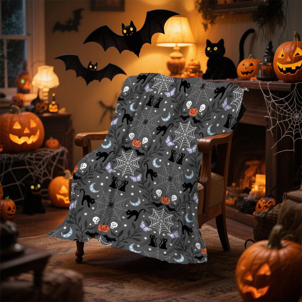 1pc Black Halloween Blanket White Ghost Print for Sofa Chair Skin-Friendly Soft Blankets 2025 New for Home Halloween Decoration