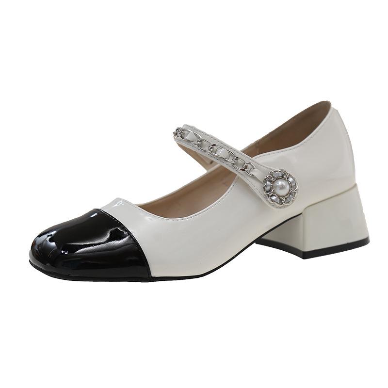 

2025 Весенние женские туфли Мэри Джейн на массивном каблуке - Цветной блок, круглый носок, повседневная мода 36 грязно-белый