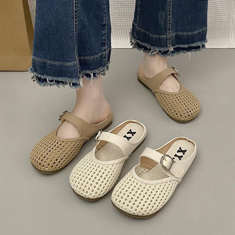 

Summer new shallow mouth one-word buckle belt hollow round head slope heel cool slippers women s retro sweet half-pack slippers 40 хакі