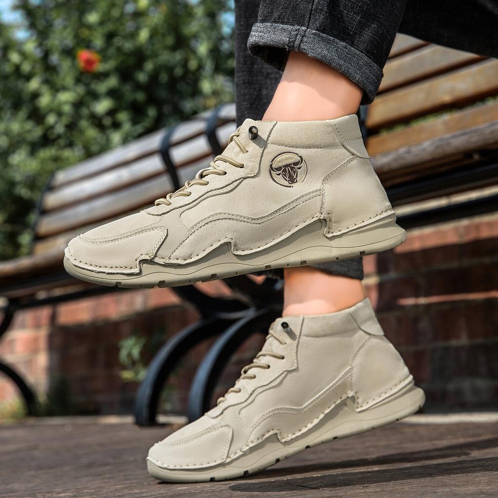 Men's Shoes Split Leather Shoes Lace Up Outdoor Casual Shoes Comfortable Flat Shoes Fashion Sneakers