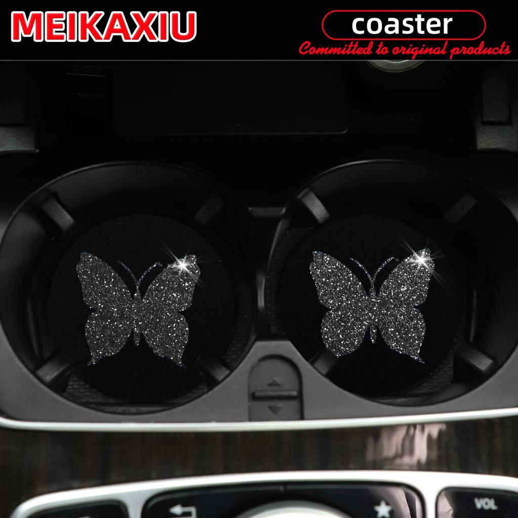 Two Cute Pink Butterflies Glitter Light Car Water Cup Pads for Women with Car Accessories