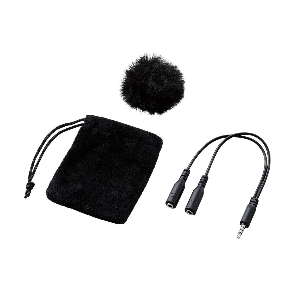 ELECOM HS-MC09BK Lapel Microphone with Clip, Wind Jammer, 3.5mm (4-Pole) Adapter Cable, and Storage Pouch, 1.8m, Black