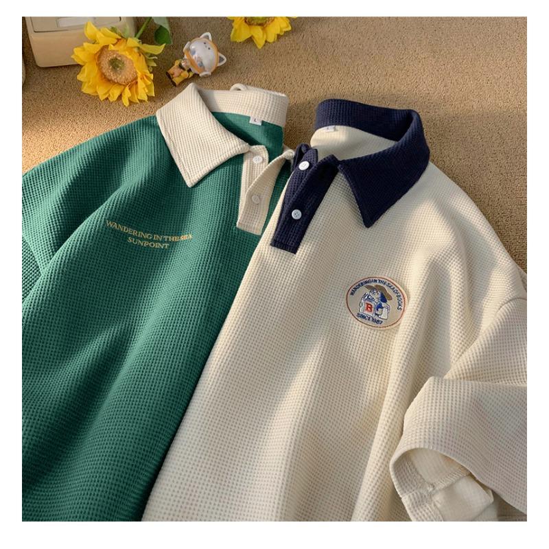 Men Waffle Knit Color Block Cartoon Embroidered Oversized Polo Shirt Casual Streetwear Summer Top