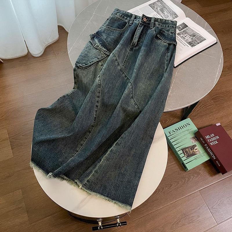 

Женская новая ретро-юбка из денима с высокой талией и разрезом для похудения средней длины XXXL синий