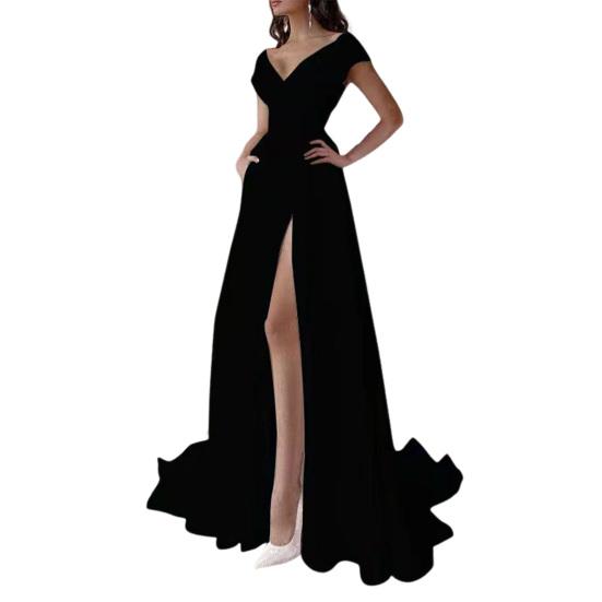 Sukienka imprezowa z dekoltem w serek Biała Sukienka do ziemi z wysokim stanem i rozcięciem z boku Z kieszeniami