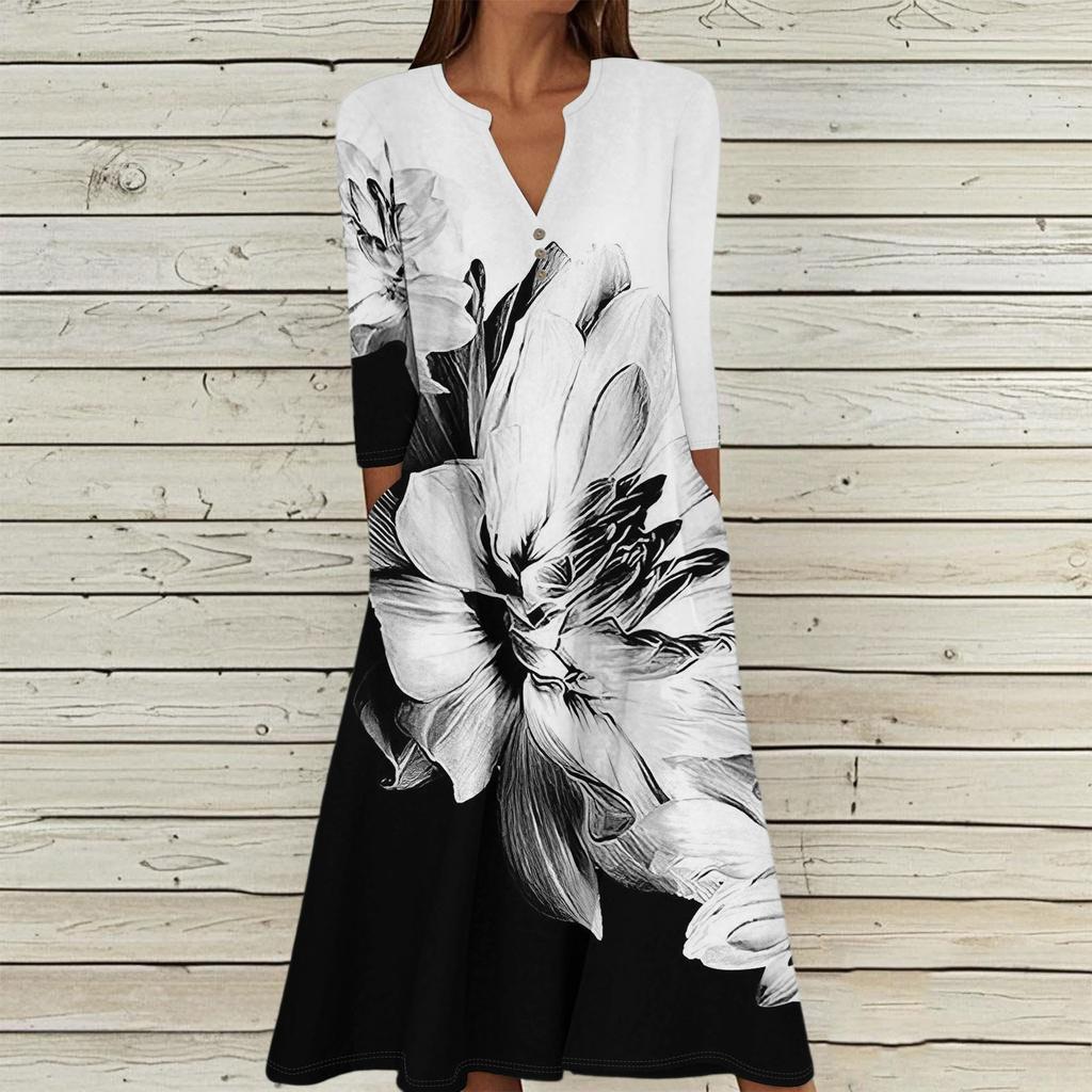 Damen Sommer Freizeit V-Ausschnitt Knopf Retro Geometrischer Druck Dreiviertelarm Langes Kleid mit Taschen