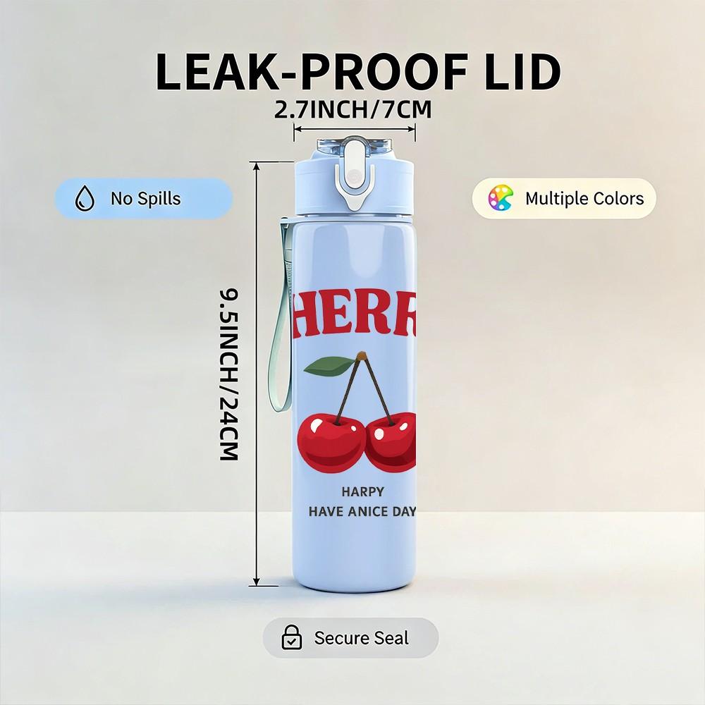1PC Cherry Fruit Letter Logo 750ml Color Plastic Sports Water Bottle Leakproof Flip Straw Lid Suitable for Sports Office Home Use