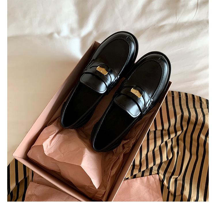 Sheepskin version~ British leather thick-soled black small leather shoes women's gold coins lazy one-pedal loafers flat single shoes