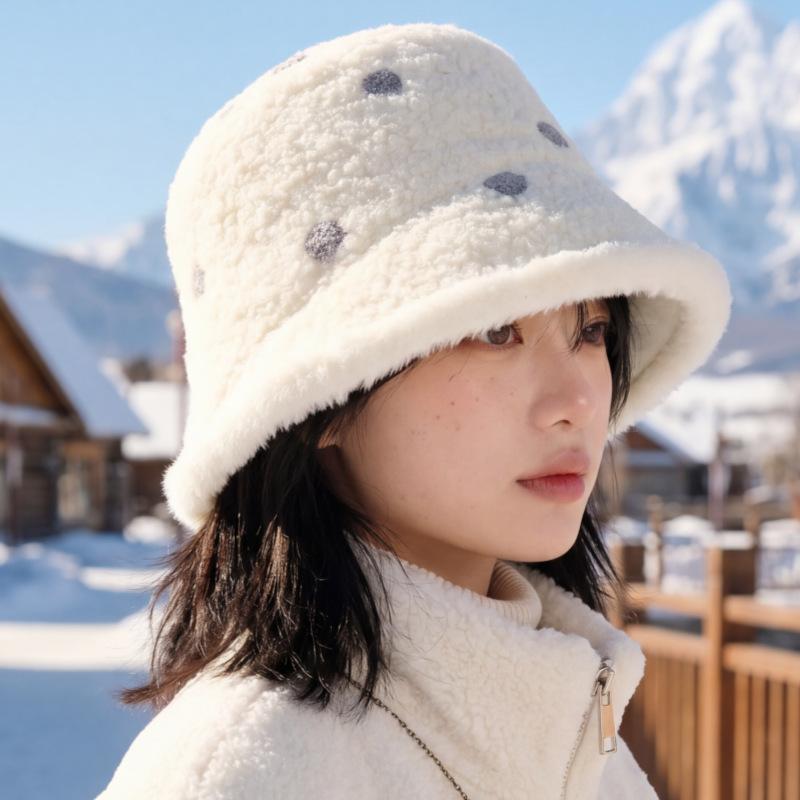 Women S Warm Fleece Knit Bucket Hat Polka Dot Korean Style Fashionable Hat