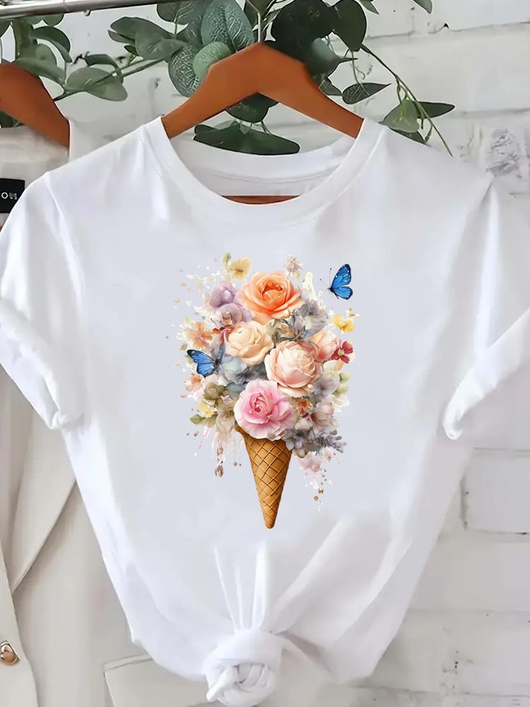 (Asian Size) Tee lovely flower watercolor cute Lady Female Clothing T Shirt Printed Women Casual Fashion Top Graphic Short Sleeve T-shirts