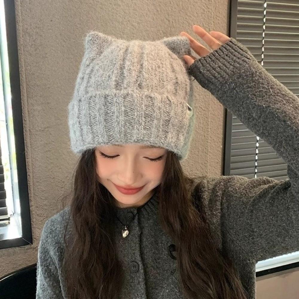 Thickened Beanie Hat Cat Ear Skullies Hat Cute Winter Hat  for Women