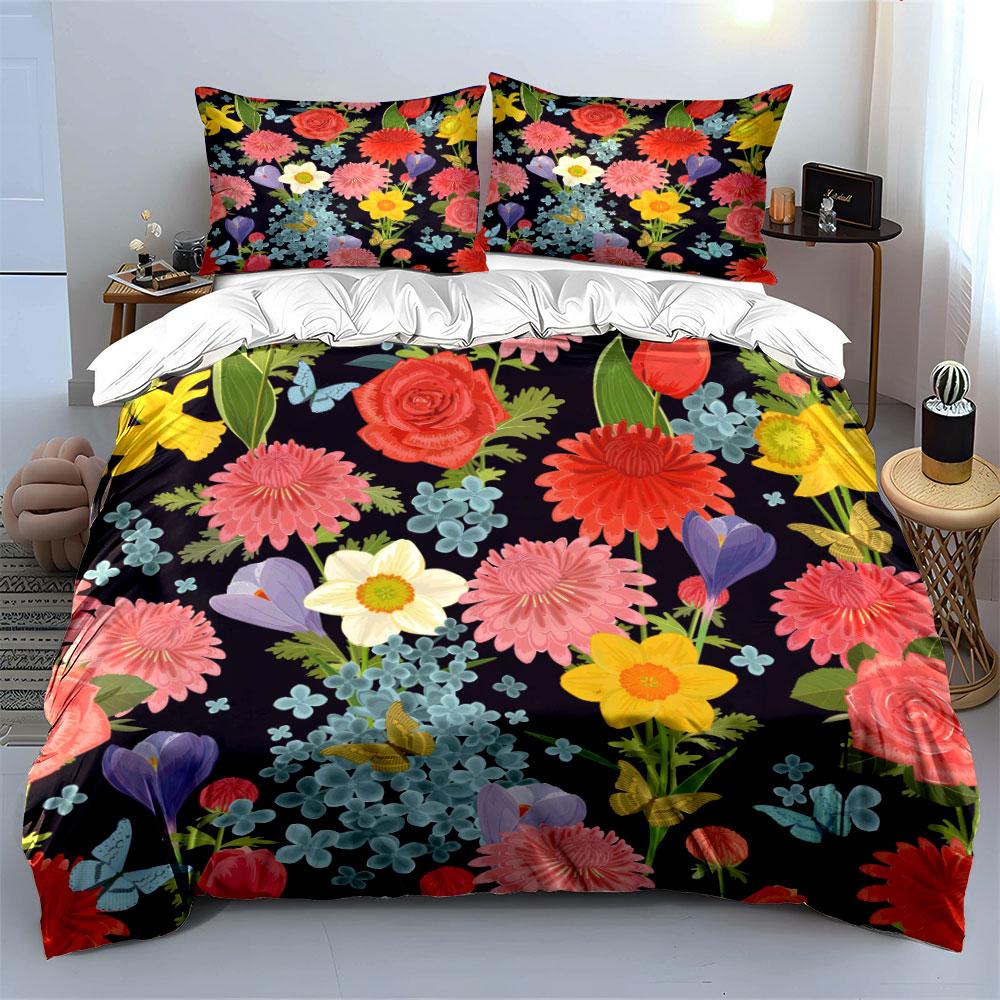Colorful Flowers With Butterflies Bedding Set For Kids Luxury Gift 3Pcs Digital Print Comforter Set Soft Comfortable Breathable
