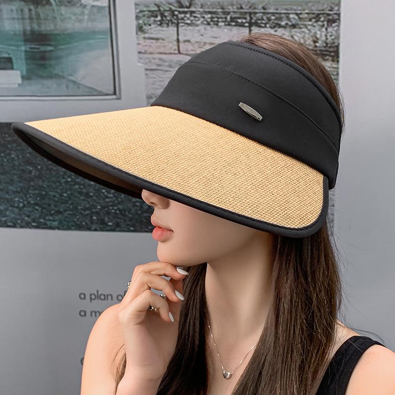 Straw enlarged brim vinyl empty top hat children spring and summer leisure outdoor face covering sun protection hat versatile bucket hat