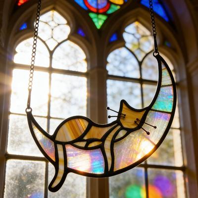 Cat On Moon Hanging Ornament Stained Glass Window Hanging Suncatcher Acrylic Panel Wall Art Memorial Gift for Women Wife Mom Cat Lovers
