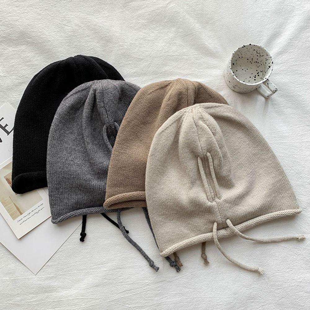 Ear Protection Drawstring Wool Cap Sweet Solid Color Pullover Hat Winter Knitted Cap  Autumn/Winter