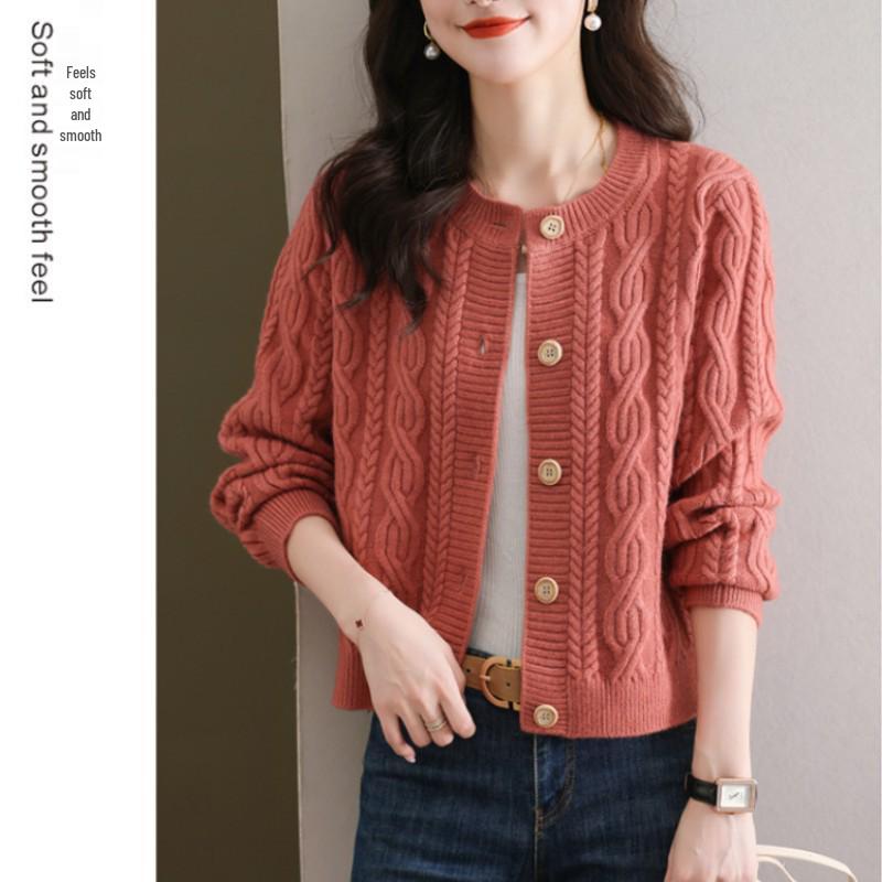 2026 Women's Round Neck Cable Knit Cardigan - Autumn/Winter Trendy Short Sweater Coat