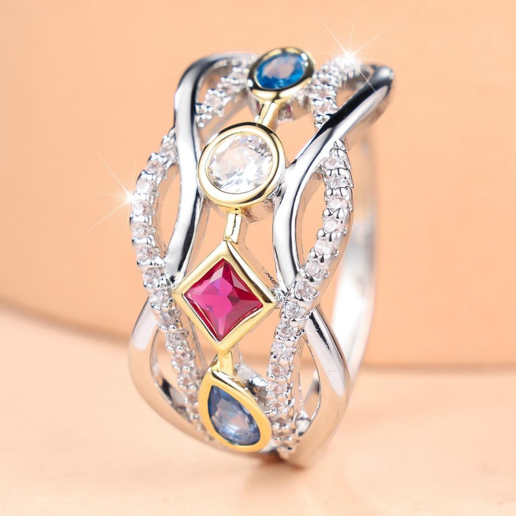 European and American Style, Multi-colored, Hollowed-out Ring with Cubic Zirconia Retro Palace-style Ring Featuring Gold and Silver Accents and a