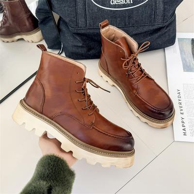 Fashion Men's British Retro Casual Boots Fashion Thick Sole Heightened Work Mens Shoes Lace-up Comfortable Outdoor Flats Oxfords Boots