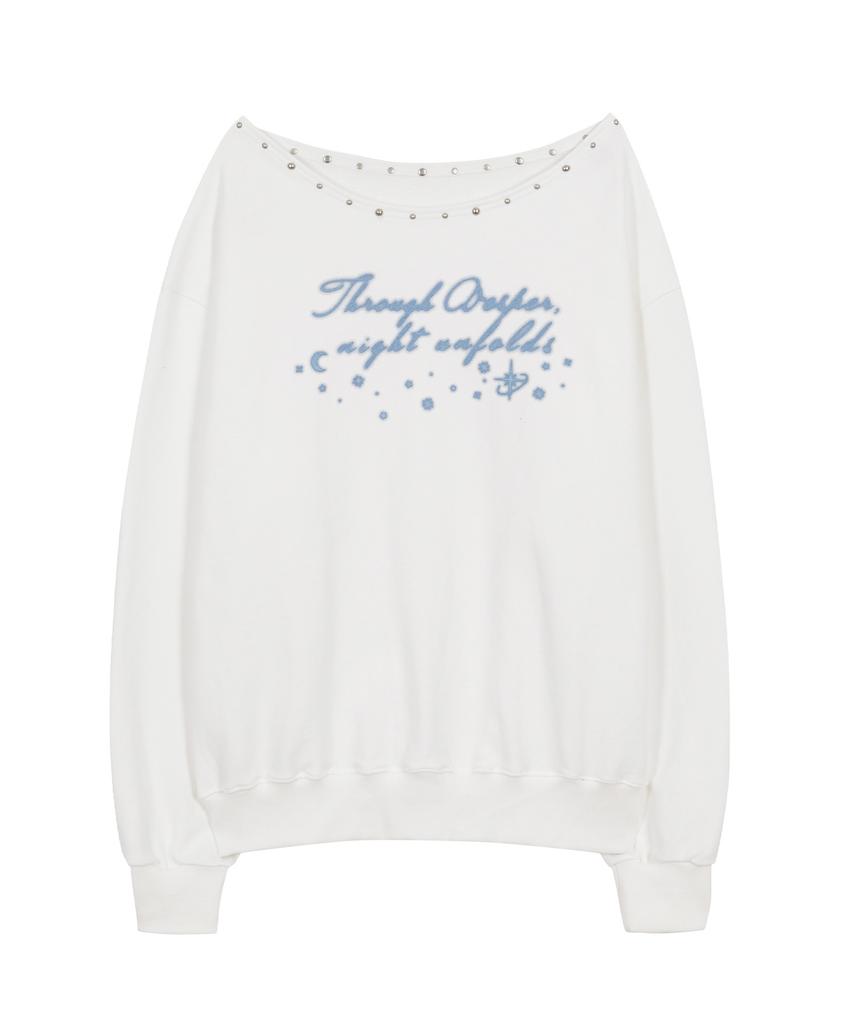 ILLIGO One-Shoulder Studded Boat Neck Sweatshirt White