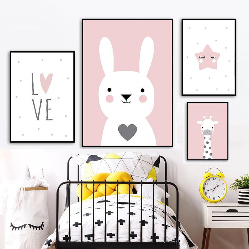 Rabbit Bunny Giraffe Star Posters Prints Nursery Wall Art Bedroom Picture Animal Canvas Painting Nordic Kid Baby Girl Room Decor