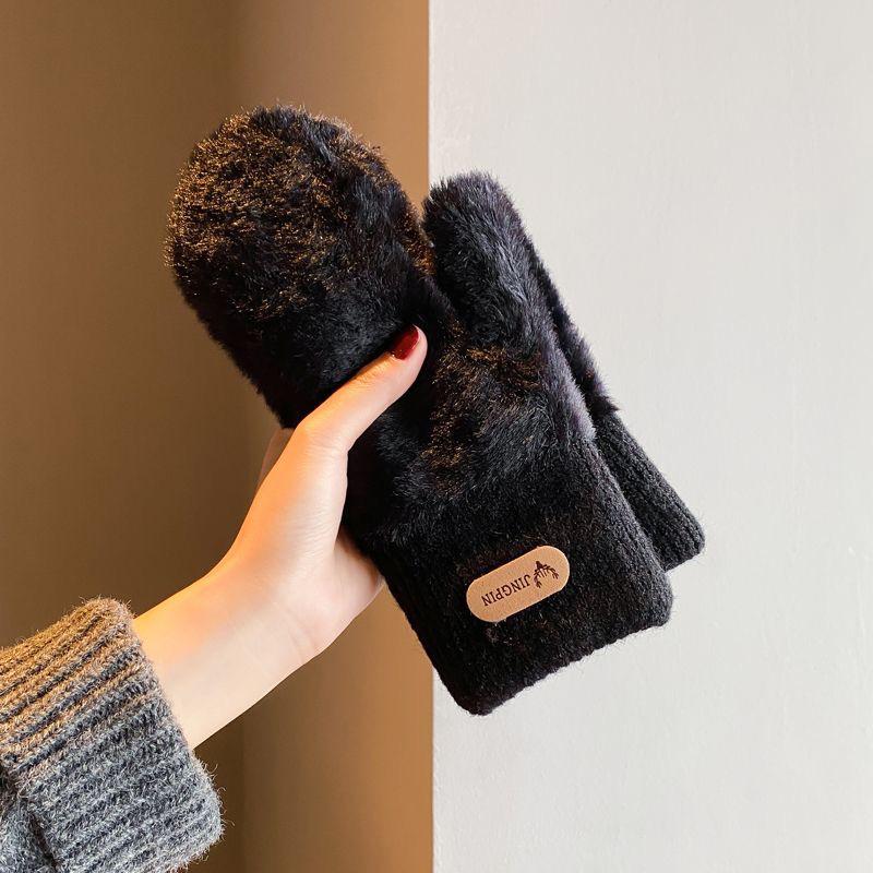 Korean Style Women's Imitation Mink Fur Gloves, Fleece-lined & Thickened for Autumn/Winter Cold Protection, Solid Color Mittens