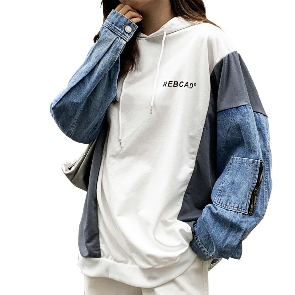 Arcade Oversized with Denim Lightweight Pullover Free White Women's Hoodie, Lightweight, Fall/Winter, Sleeves, Sweatshirt, Hoodie, Size,