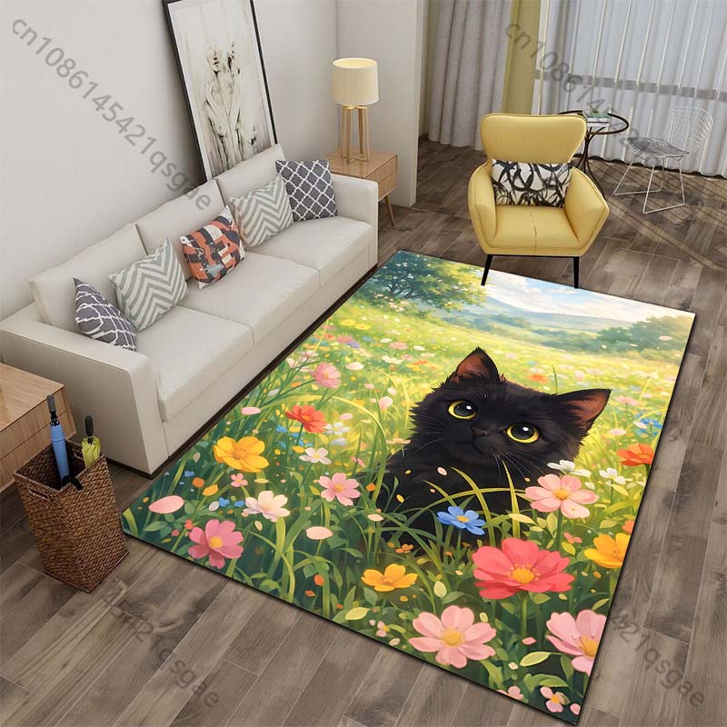 

Black cat wildflowers meadow sunshine spring Print Carpet for Living Room Bedroom Sofa Home Decor Non-slip Mat Luxury Gift 40x60cm