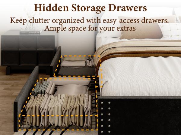 Bed Frame Bed Frame with Storage Drawers Soft Headboard Wood Slats Easy Assembly Metal Bed Frame Mattress Foundation for Bedroom