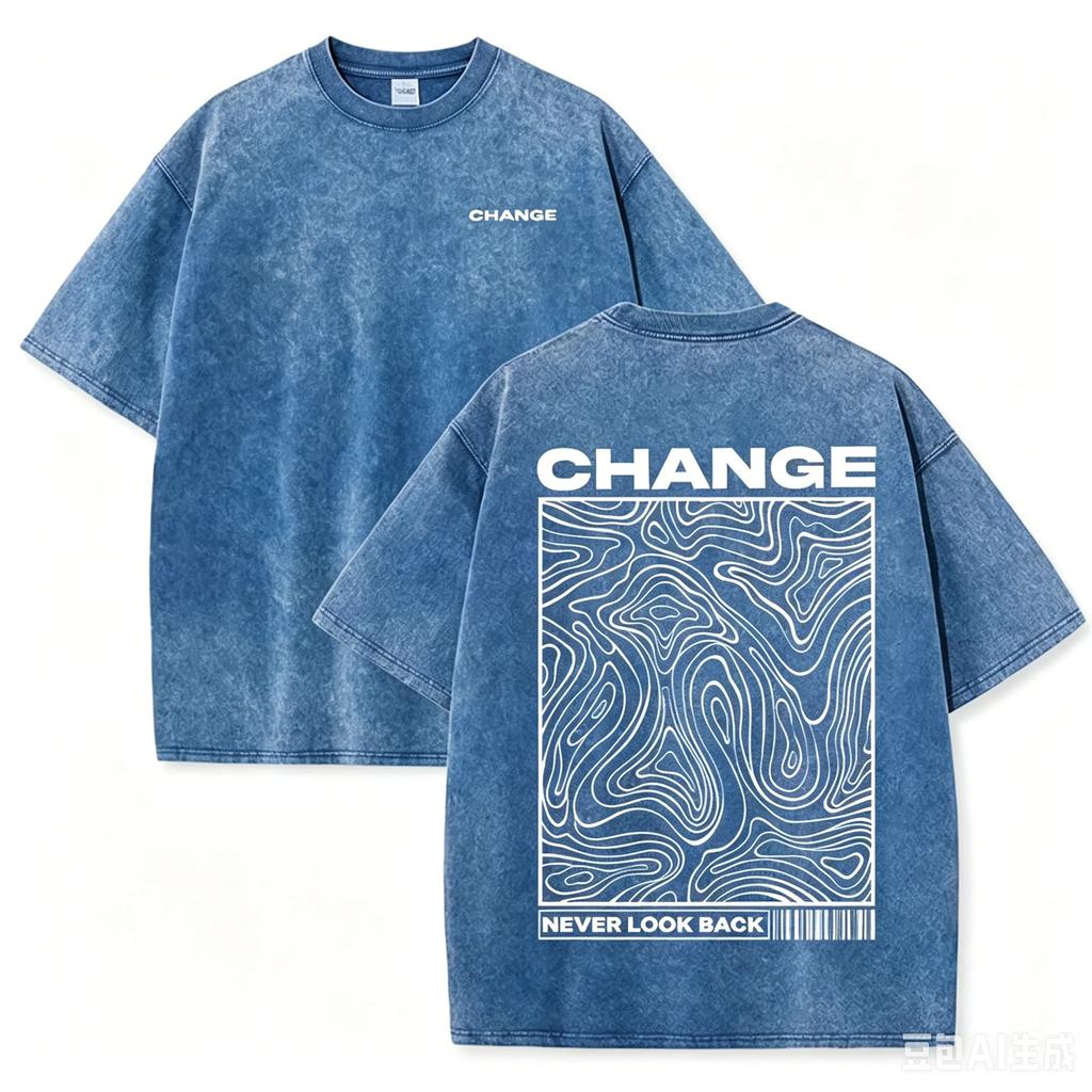"CHANGE" Topographic Line Art Print Vintage Washed Beige Casual Graphic T Shirt