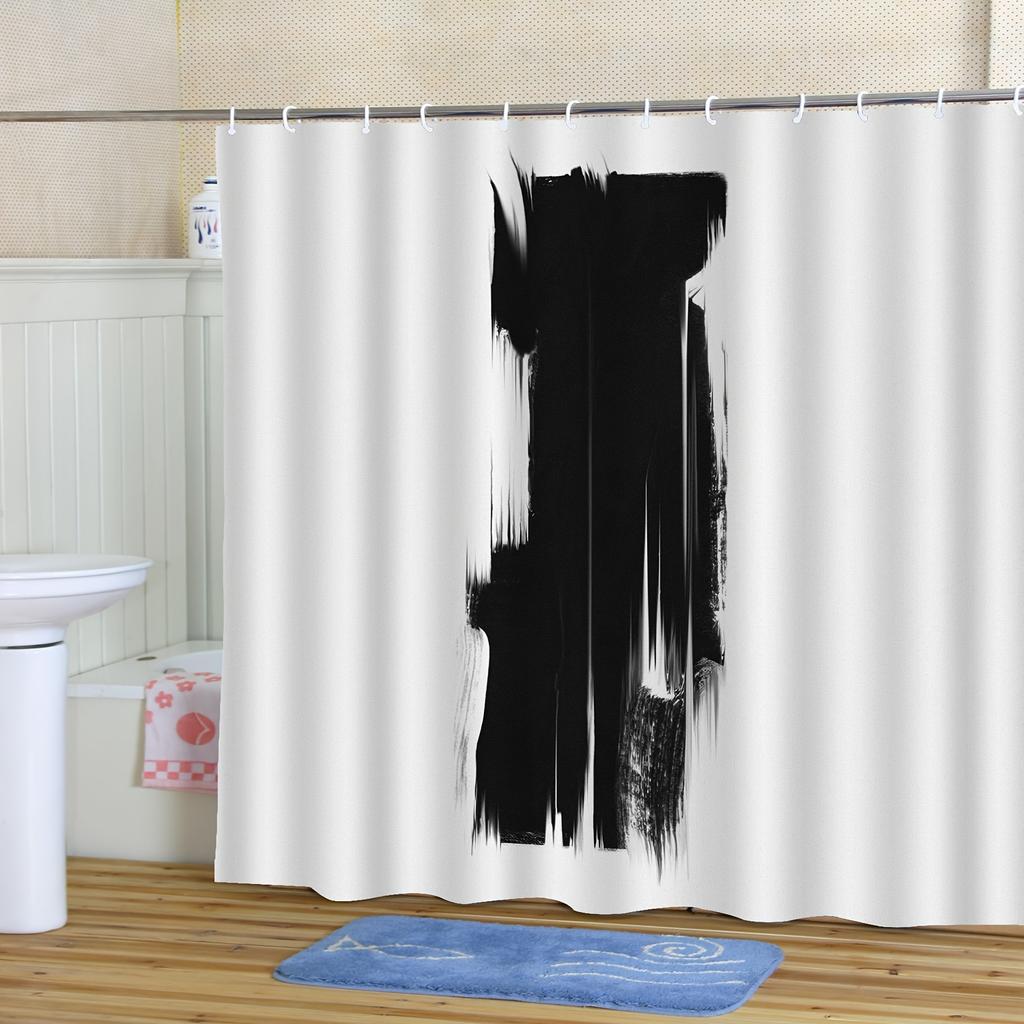 1Pc Modern Abstract Black And White Print Shower Curtain - Polyester, Minimalist Art Design With Hooks, Machine Washable