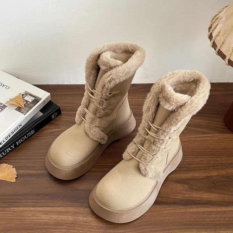 Women's Fur Mouth Soft Sole Winter Warm Fur One Snow Boots Padded Lined Ankle Boots Anti-slip Hiking Casual Sports Cotton Boots Martin Boots