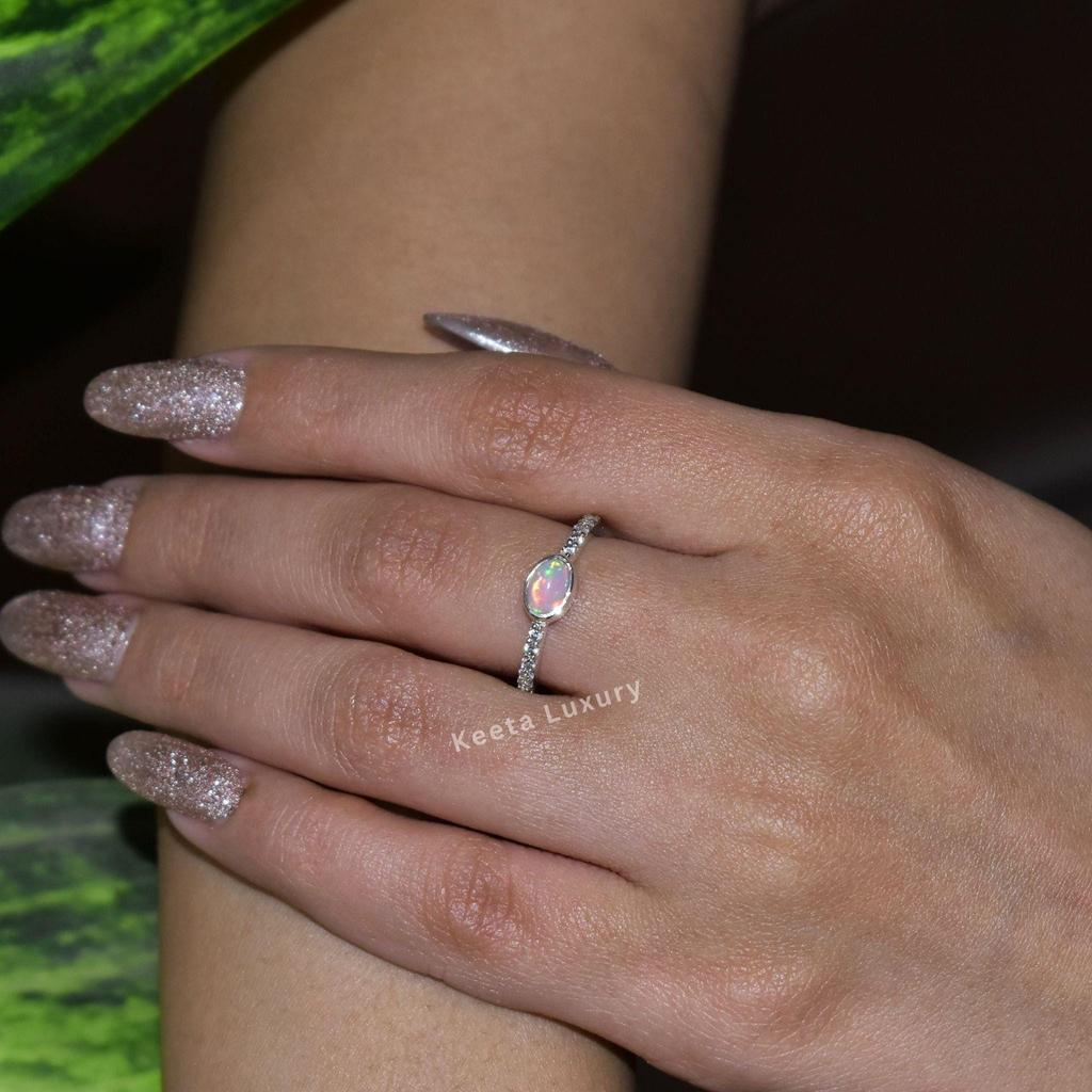 Natural opal ring Opal small Stacking Ring Sterling silver dainty ring for her Minimalist ring Flashy Opal and CZ Ring Bridesmaid Gift