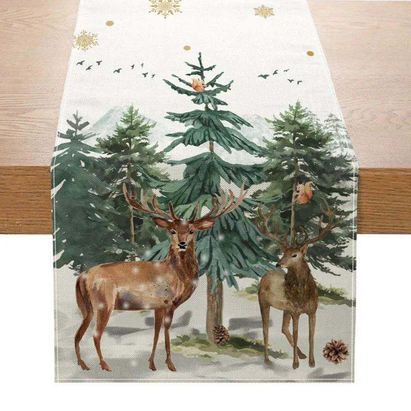 Christmas Table Mat Linen Print Santa elk Table Runner Christmas Decor Snowman Xmas Tree Pattern Tablecloth Home Xmas Ornaments