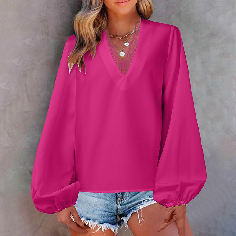 

VONDA Женская мода кружева V-образный вырез однотонные длинные рукава блузки 5XL темно-розовый