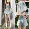 Petite Women's High-Waisted A-Line Denim Skirt with Irregular Tie and Faux Two-Piece Design