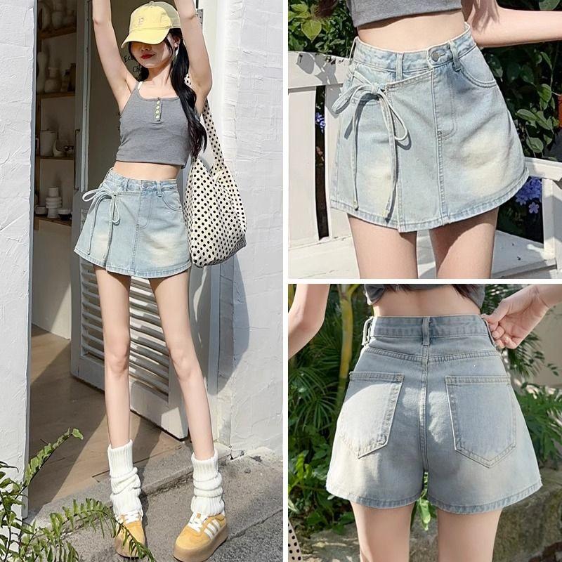 Petite Women's High-Waisted A-Line Denim Skirt with Irregular Tie and Faux Two-Piece Design