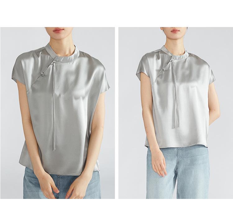 Chinese Style Silk Satin Mandarin Collar Blouse - Women's Summer Tie-Up Raglan Sleeve Top