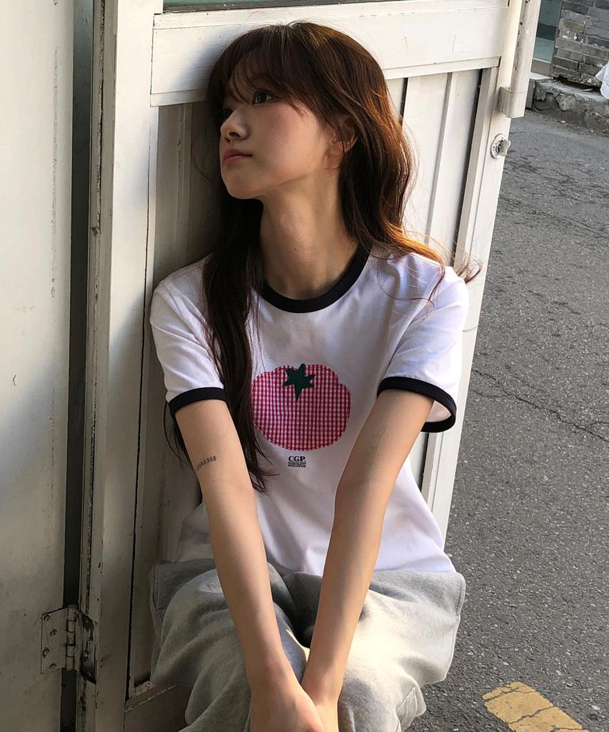 CGP (Women) Check Tomato Ringer Short Sleeve T-Shirt - White