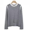 Loose Fit Striped Black & White Patchwork Long Sleeve T-shirt - Korean Style, Casual Plus Size Base Top for Autumn
