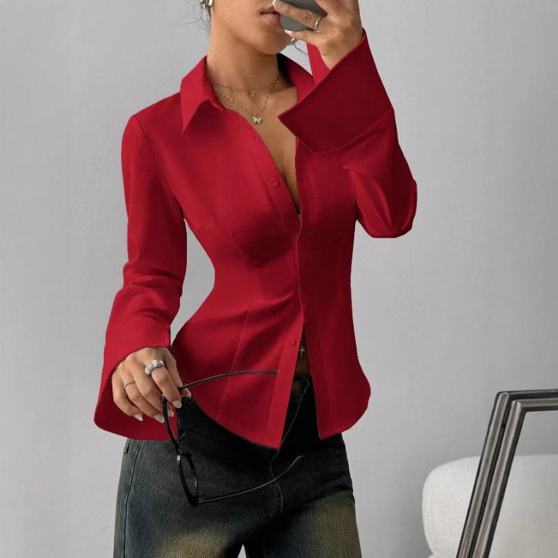 Camicia Casual da Pendolare da Donna, Vestibilità Aderente, Bottoni, Maniche Lunghe Svasate