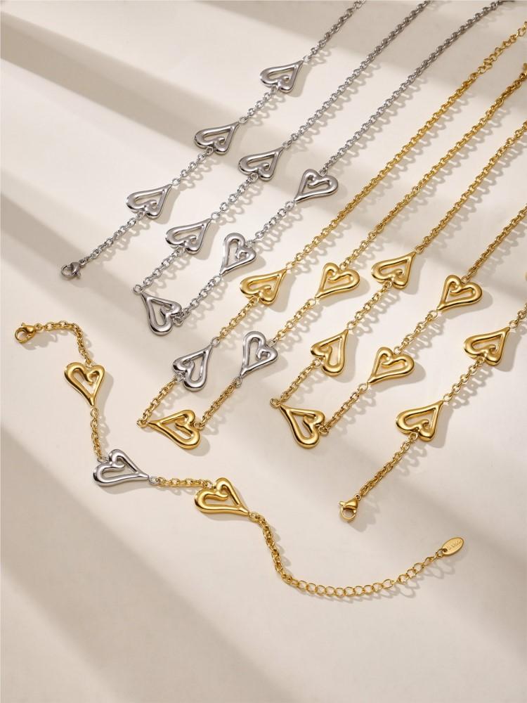 Two-tone Heart Chain Necklaces Bracelets For Women 18k Gold Plated No Tarnish Women's Stainless Steel Necklace Matching Bracelet