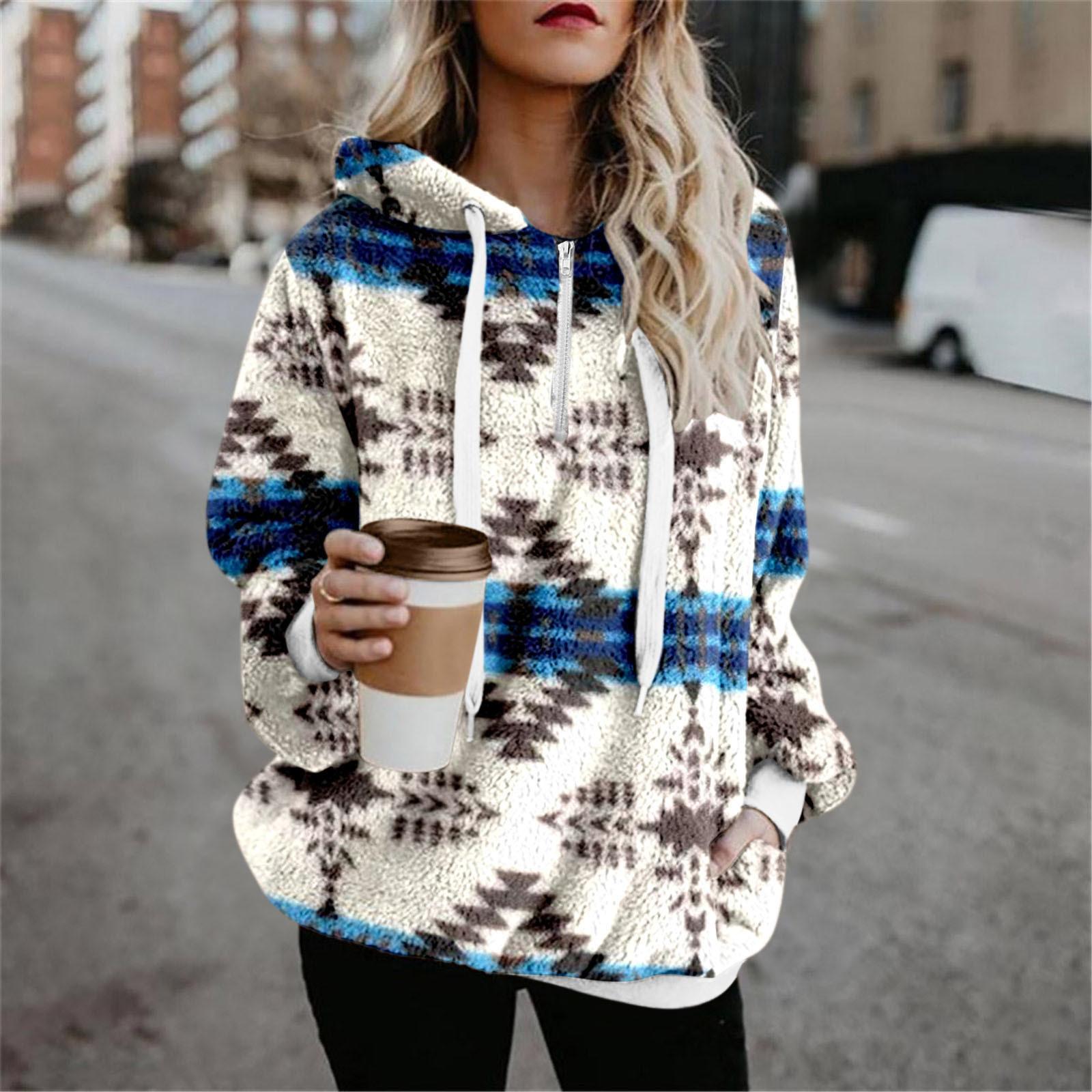 Женская флисовая толстовка с геометрическим принтом, с застежкой-молнией до середины переда и нагрудным карманом, уютный пуловер на подкладке из шерпы S