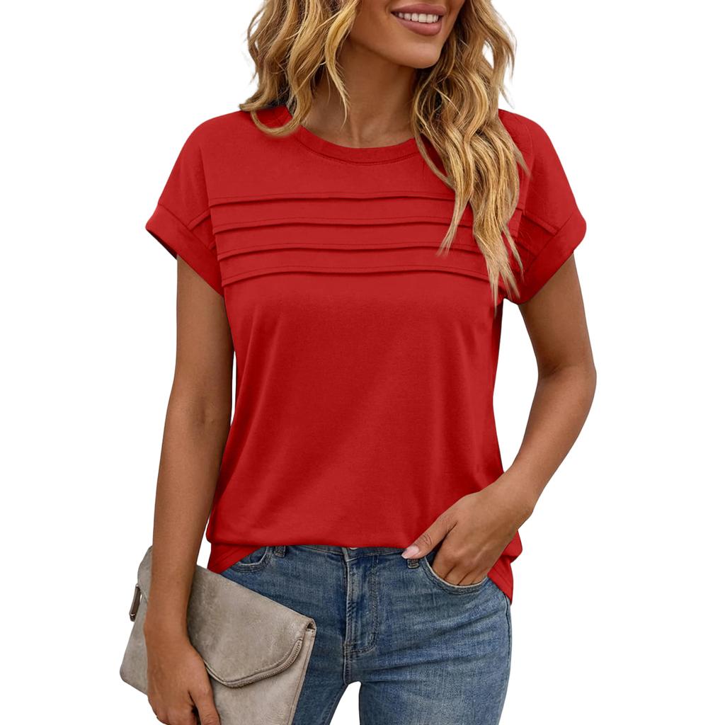Women's Casual Top Monochrome Pleated Top Round Neck Short Sleeved Shirt