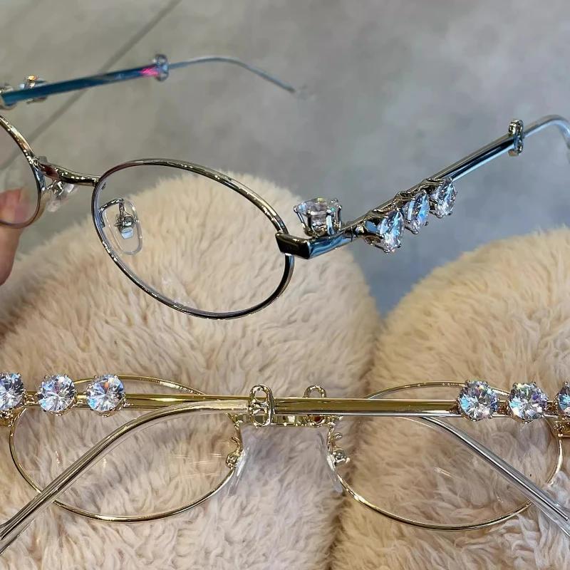 Occhiali da Sole Nuovi Ovali Strass Montature Occhiali Bling Lenti Trasparenti Rotondi Piccoli Donna Uomo Metallo Retro Montatura Diamante Occhiali