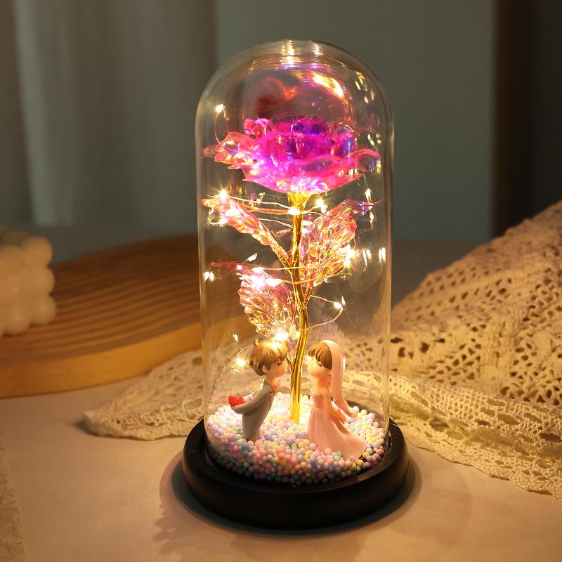 Ornamento de Luz Cúpula de Vidro Flor Rosa Folha de Ouro Feito à Mão - Caixa de Presente Dia dos Namorados