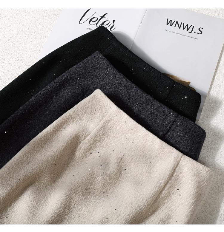 Women's High Waist Wool-Blend Sequined A-line Skirt - Autumn/Winter Slimming Bodycon with Slit
