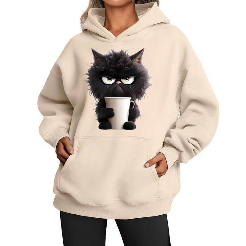 Kaffee Katze Mode Damen Kapuzenpullover Frühling Herbst Winter Freizeit Kapuzenpullover Sweatshirts Oberteile Einfarbiger Kapuzenpullover Sweatshirt Damen