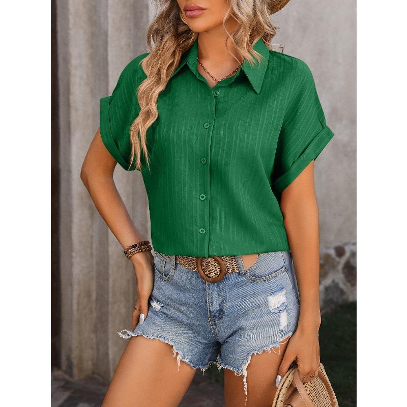 Women's Shirt Summer New Loose Casual Short Sleeve Single Breasted Shirts for Women Fashion Elegant Solid Color Office Ladies Blouses Simple Tops